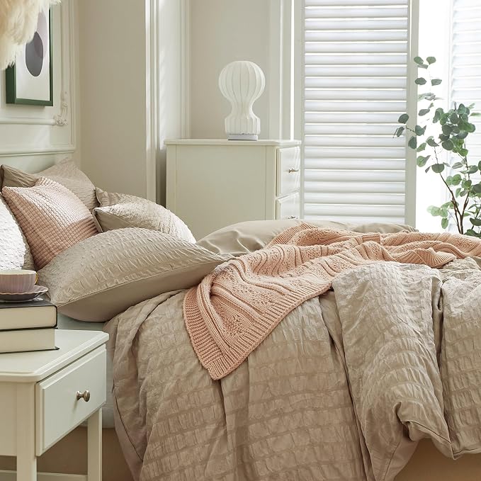 JELLYMONI Khaki Duvet Cover King Size, Soft Breathable Seersucker Duvet Cover - Image 7