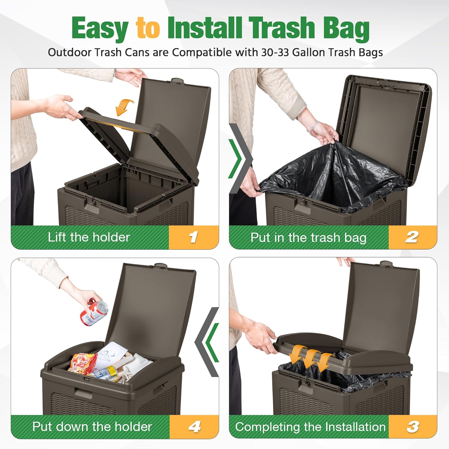 Flamaker 30 Gallon Trash Can, Resin Outdoor Garbage Can with Lid, Waterproof Hideaway Patio Waste Bins for Outside Use (Deep Brown)