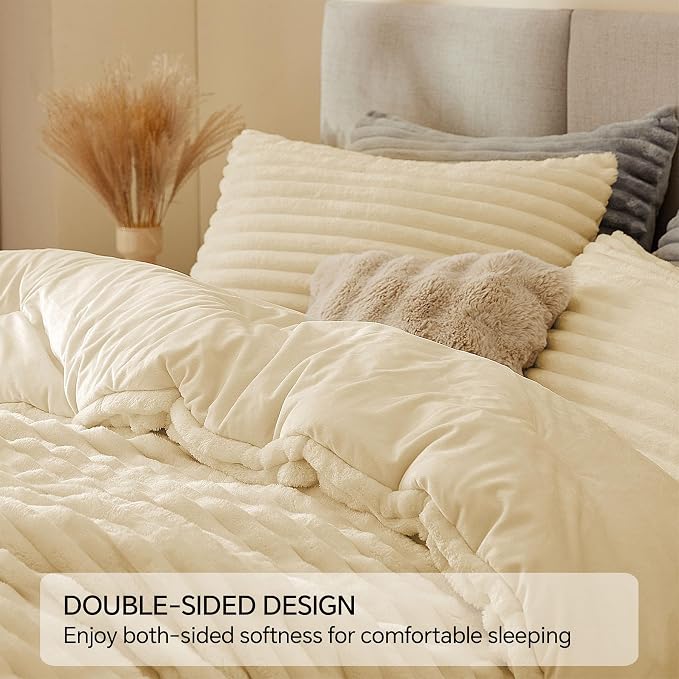 BEDELITE Fleece Queen Comforter Set -Super Soft & Warm Fluffy Beige Bedding - Image 4