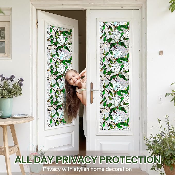 Stained Glass Window Film UV Resistant Window Privacy Film White Floral Privacy - Image 3