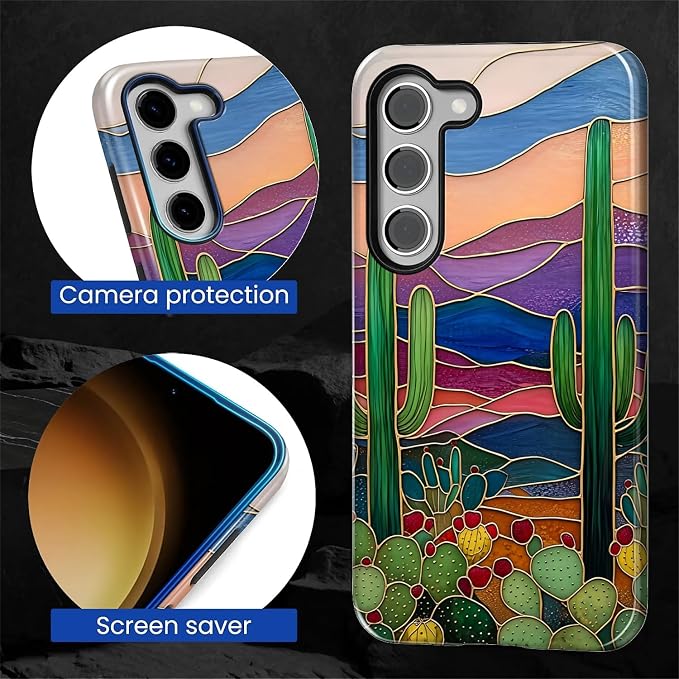 for Samsung Galaxy S23 Case, Stained Glass Cactus Pattern Glossy 2 in 1 - Image 6