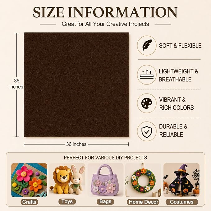 Chocolate Brown Large Felt Fabric 36" x 36", 1.4 mm Soft Felt Sheet, Nonwoven - Image 3