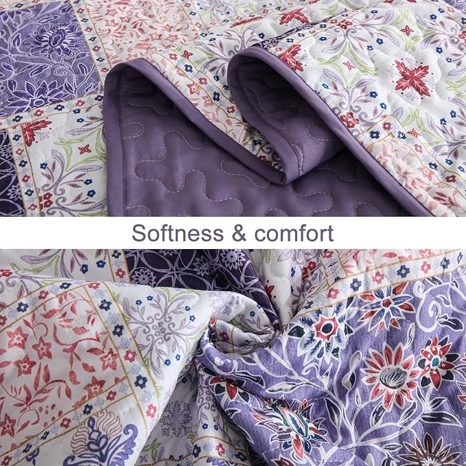 Xruibed Patchwork Quilt Set Queen Size 3 Pieces Purple Floral Plaid Bedspread - Image 6