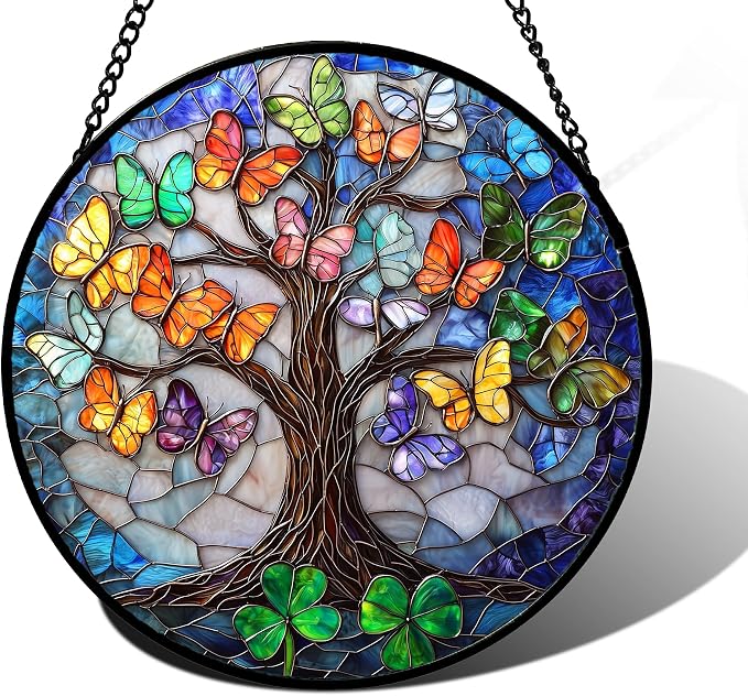 DASTOLL Stained Glass Window Hanging, Butterfly Tree Clover Sun Catchers Glass by DASTOLL