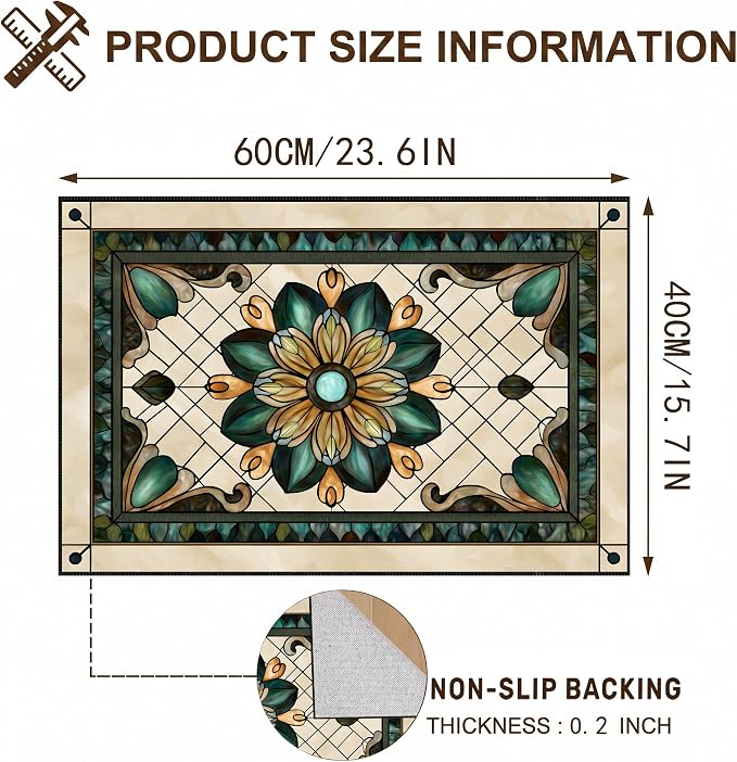 Stained Glass Floral Faux Cashmere Non-Slip Rug 15.7x23.6 Inches, Washable Low - Image 2