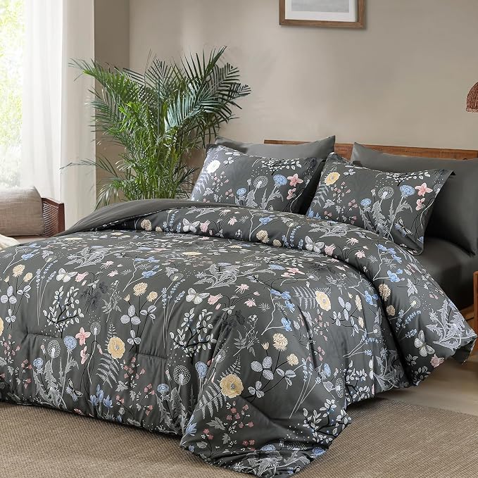 Yiran 7 Piece Grey Floral Comforter Set Queen Size, Botanical Flowers Bed in a - Image 2