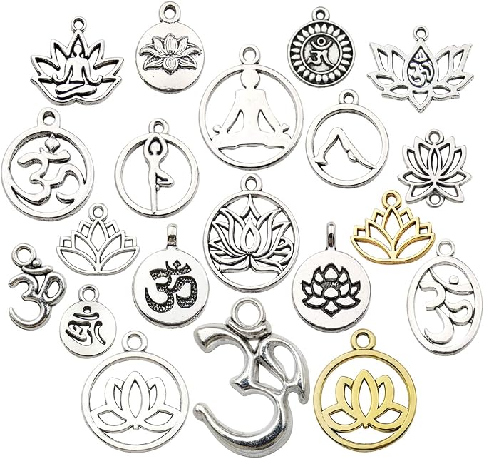 100g Craft Supplies Antique Silver Yoga OM Lotus Flower Charms by WOCRAFT