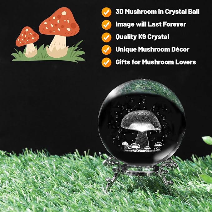 3D Mushroom Crystal Ball with Stand Lase Engraved Glass Sphere Paperweight - Image 4