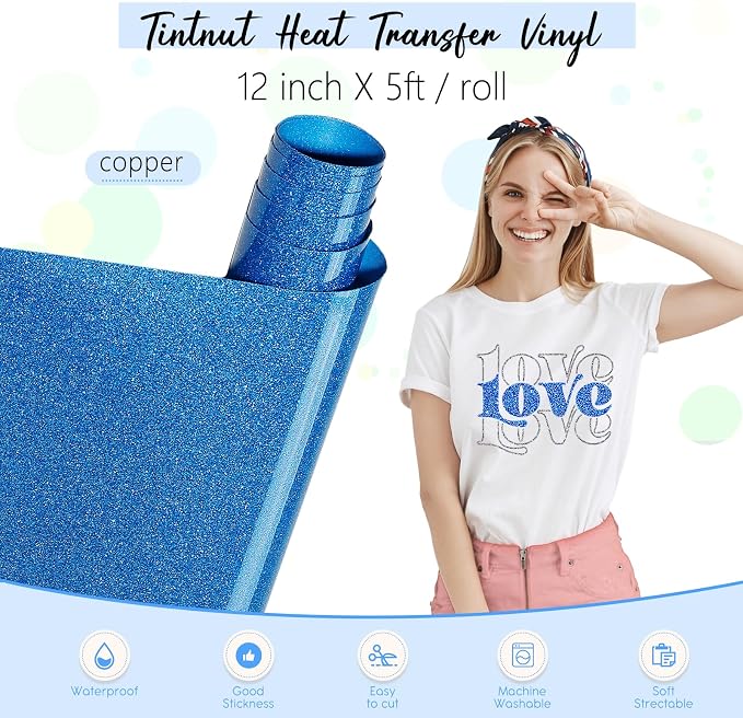 Tintnut Blue Glitter Heat Transfer Vinyl Roll, easy cut & weed, stretch washable - Image 2