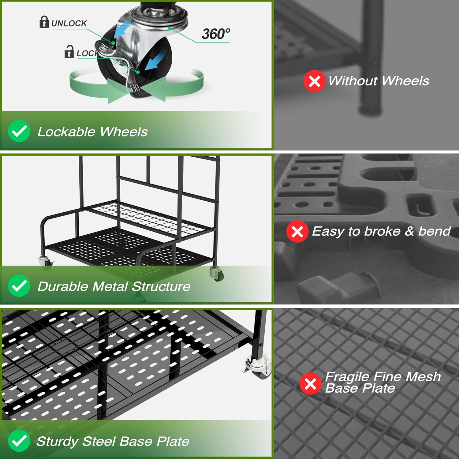 Garden Tool Organizer Rack with Wheels Up to 39 Tools, Heavy-Duty Steel Yard Tool Organizer for Garage Storage with 12 Hooks, Broom Holder & Garden Tool Rack for Shed, Patio, Outdoor Use, Black