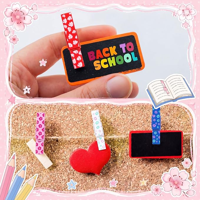 LemonRoad 60 Pcs Push Pin with Wooden Clips Teacher Cork Board Artworks - Image 7