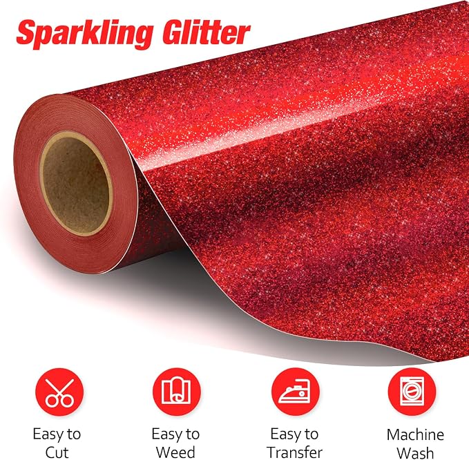 VinylRus Red Glitter HTV Heat Transfer Vinyl Roll-12 x 10ft Red Glitter HTV - Image 2