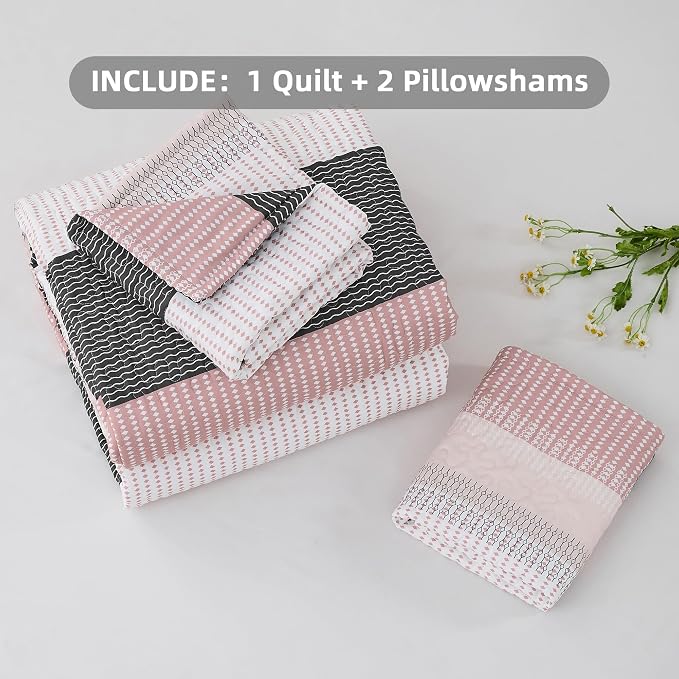 Andency Queen Quilt Bedding Set Grey Pink, 3 Pieces Patchwork Summer Striped - Image 6