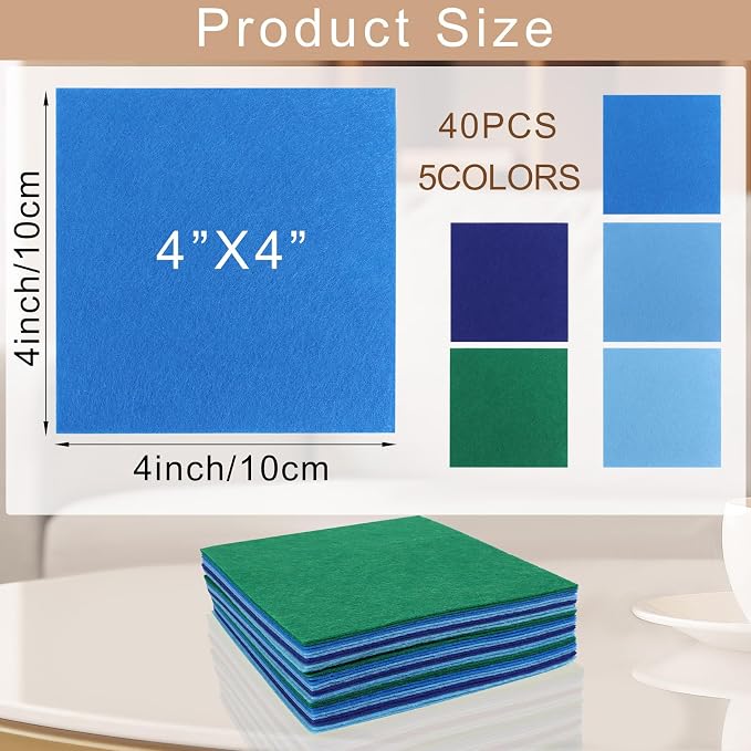 40 Pcs Stiff Felt Fabric Sheet for Crafts, 1mm Thick and 4”x 4”Blue Series Felt - Image 2