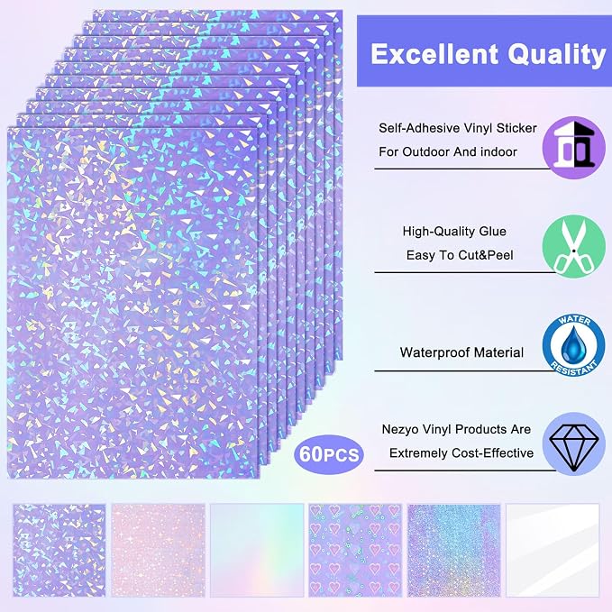 Nezyo 60 Sheet Holographic Laminate Sheet Clear Glitter A4 Size Vinyl Sticker - Image 4