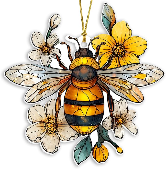 Christmas Bee Acrylic Ornament, Faux Stained Glass Acrylic Bee Hanging by Unknown