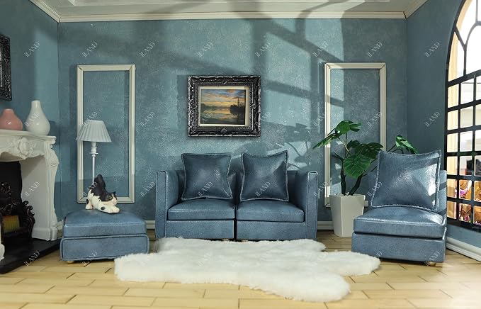 iLAND Dollhouse Furniture Sectional Dollhouse Couch Set Blue Faux Leather Sofa - Image 4