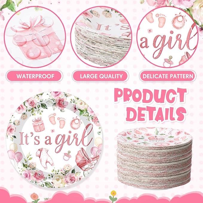 Funnymoom 60 Pcs 7 Inch Baby Shower Paper Plates Girl Pink Floral Baby Shower - Image 3