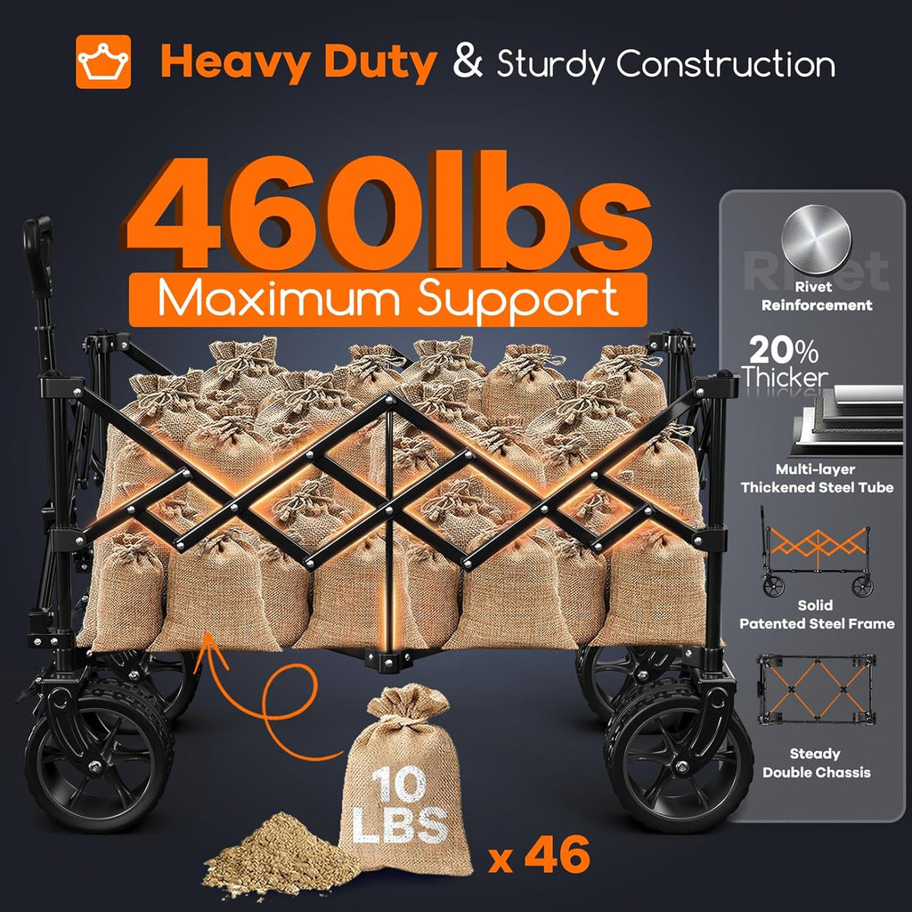 38"L Collapsible Wagon Cart Foldable, 460lbs Weight Capacity 220L Heavy Duty Folding Beach Wagons with Big All-Terrain Wheels, Utility Carts for Groceries, Shopping, Camping, Sports - Black