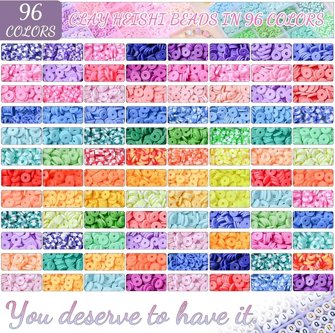 wuzoe Friendship Bracelet Kit, 96 Colors Polymer Clay Beads & 1200 Letter - Image 2
