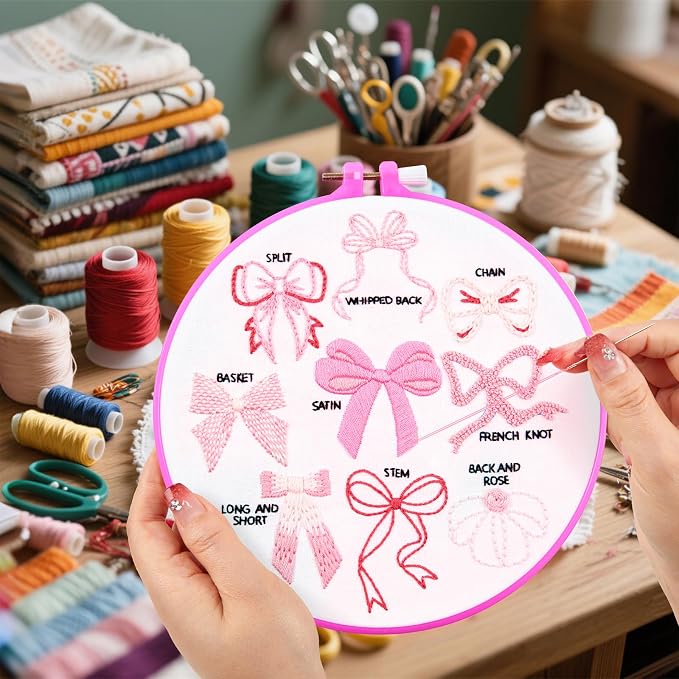 Pink Bowknot Embroidery Kits for Beginners Adults, Cute Hand Embroidery Starter - Image 3