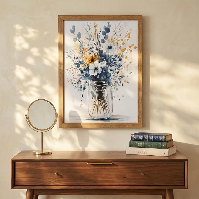 REWBKFIM Navy Blue Floral Canvas Wall Art Watercolor Botanical Bouquet in Mason - Image 2