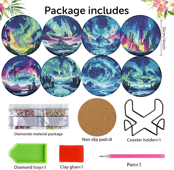 8 Pack Diamond Art Coasters, Northern Lights Diamond Painting Coasters Kits | - Image 2