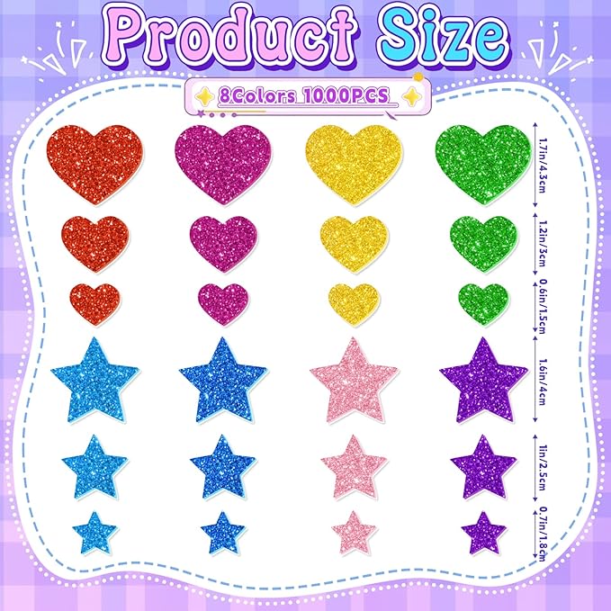 1000PCS Glitter Foam Stickers, Colorful Heart & Star Stickers, Self-Adhesive - Image 2