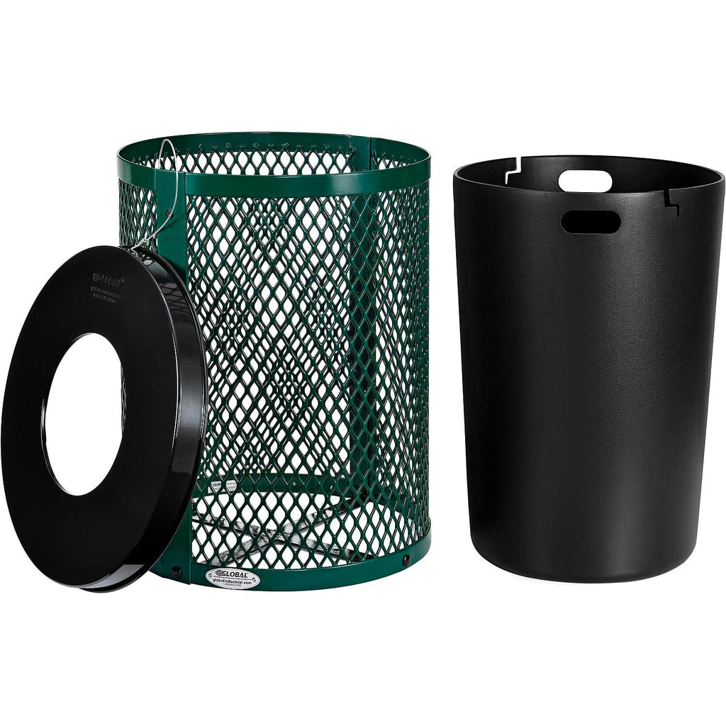 Global Industrial Outdoor Diamond Steel Trash Can with Flat Lid and Plastic Liner, 36 Gallon Capacity, Green, Thermoplastic Coating, 23-1/2" Diameter, 30" H