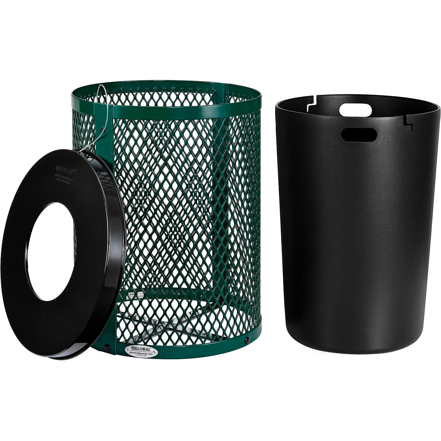 Global Industrial Outdoor Diamond Steel Trash Can with Flat Lid and Plastic Liner, 36 Gallon Capacity, Green, Thermoplastic Coating, 23-1/2" Diameter, 30" H