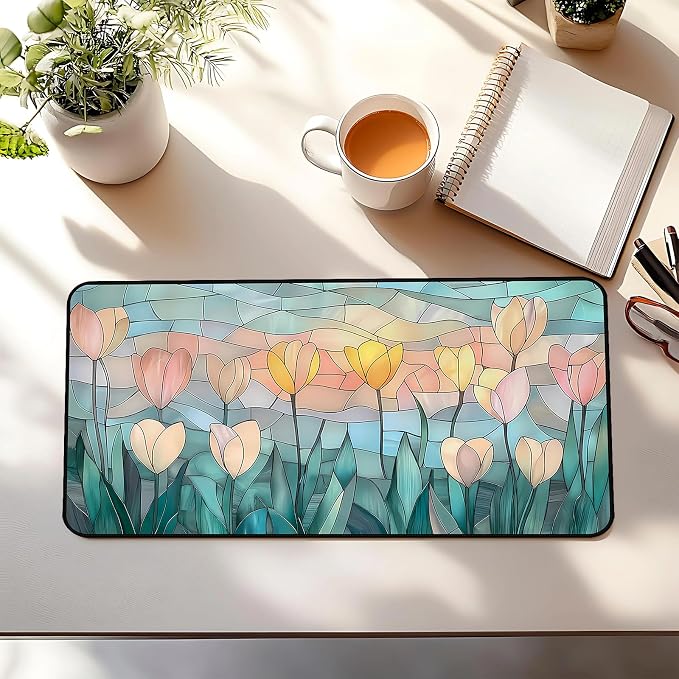 Faux Colorful Glass Desk Mat, Tulip Long Mouse Pad, Large Gaming Computer - Image 3