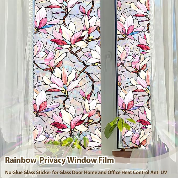 Magnolia Flowers Window Privacy Film, Stained Glass Window Film Decorative - Image 2