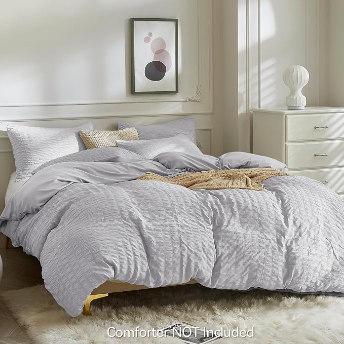 JELLYMONI Light Grey Duvet Cover King Size, Soft Breathable Seersucker Duvet - Image 3