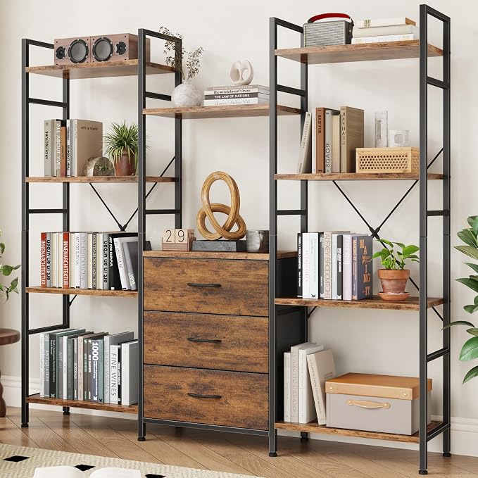 AFLUI Triple Bookshelf with 3 Fabric Drawers, 4-Tier Book Shelf and 10 Display by Unknown