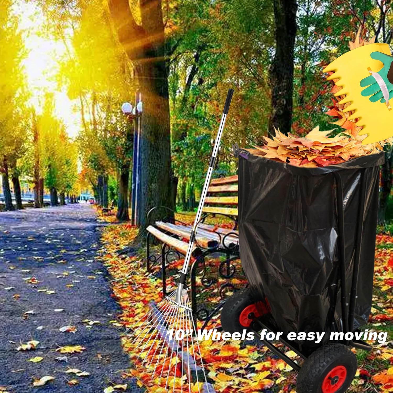 Mobile Trash Bag Holder Outdoor Lawn Leaf Bag Holder with Leaf Chute Metal Rake & 15 Count 39 Gallon Drawstring Trash Bags | Holds 35-65 Gallon Leaf Bags for Leaves Weeding Camping Party