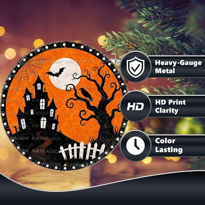 Haunted House Halloween Metal Tin Sign Round Wall Decor Bat Crow Dead Tree - Image 4
