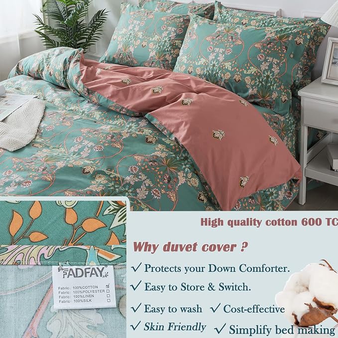 FADFAY Duvet Cover Set Floral Bedding Button Closure Twin 100% Cotton 600 TC - Image 6