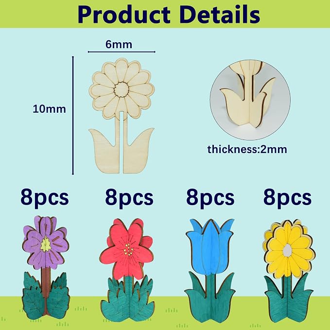 Wooden Flowers for Crafts, DIY 3D Wood Crafts Paintable Flower Craft Ornaments: - Image 5
