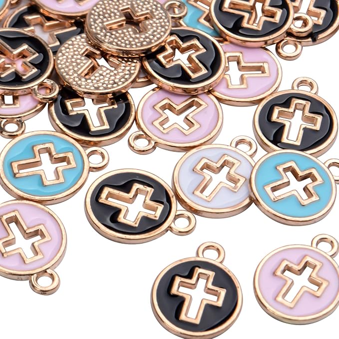 Aylifu 40pcs Round Enamel Cross Charms Alloy Crucifix Charm Pendants - Image 6