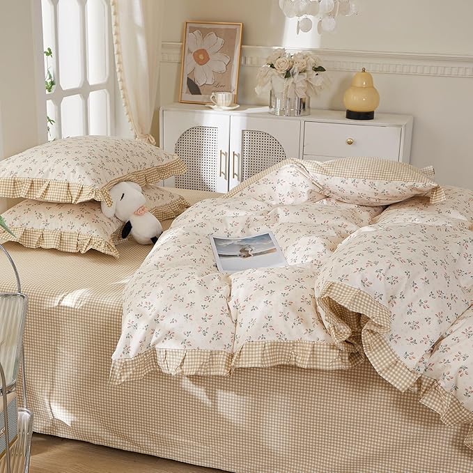 mixinni Beige Floral Duvet Cover Twin Size, 100% Cotton Cute Strawberry Floral - Image 7