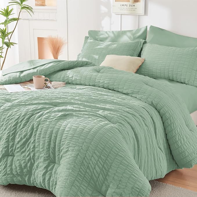 HYMOKEGE Sage Green Full Size Comforter Sets Seersucker 7 Pieces, All Season by HYMOKEGE