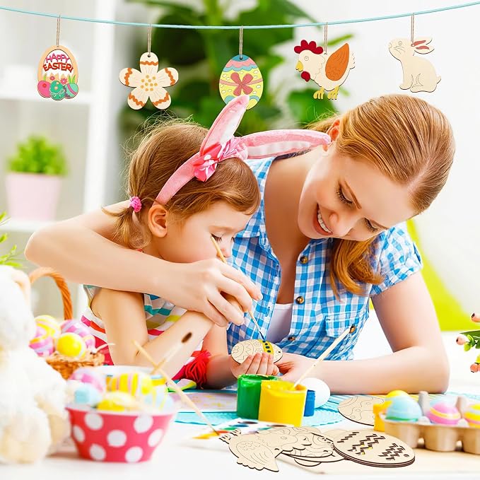 80PCS Wooden Easter Ornaments to Paint, 8 Styles DIY Blank Unfinished Wood - Image 5