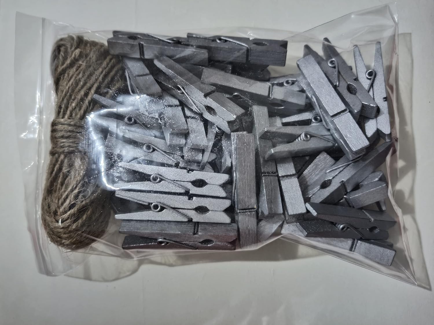 1.8 Inch Silver Wooden Clothespins Hold Picture Photo Clothesline Pins Hanging Christmas Cards with Jute Twine Pack 50