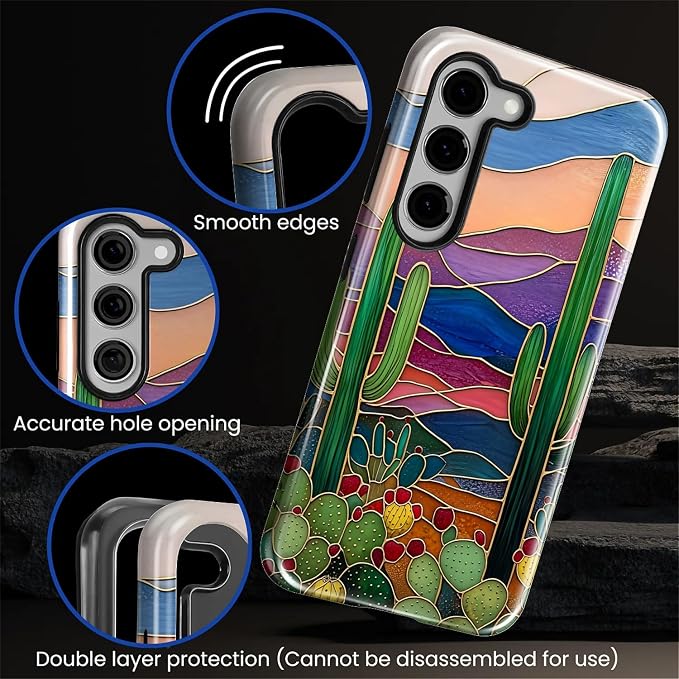 for Samsung Galaxy S23 Case, Stained Glass Cactus Pattern Glossy 2 in 1 - Image 5
