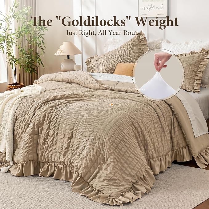 JOLLYVOGUE Twin Size Comforter Set, 2 Pieces Khaki Seersucker Lightweight - Image 3