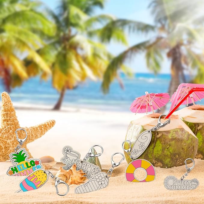 RattanView 24 Pcs Summer Party Craft Color Your Own Keychains Diy Craft Wooden - Image 6