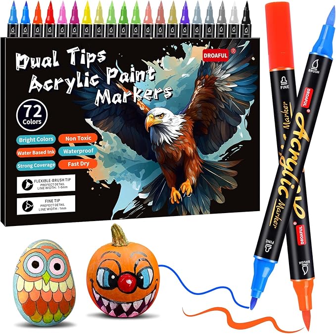 Droaful Acrylic Paint Pens Markers, 72 Color Paint Markers Dual Fine & Brush by DROAFULPaintPens