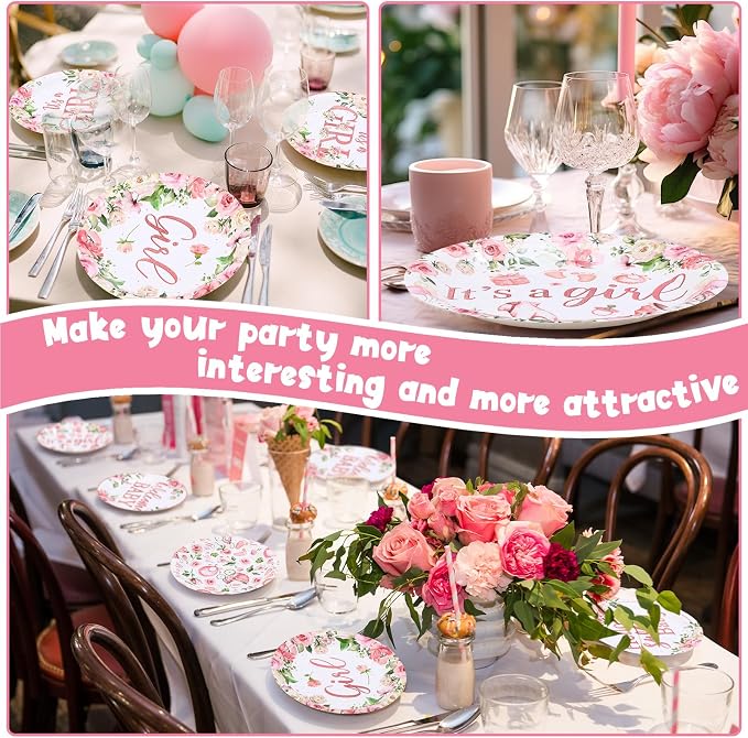 Funnymoom 60 Pcs 7 Inch Baby Shower Paper Plates Girl Pink Floral Baby Shower - Image 6