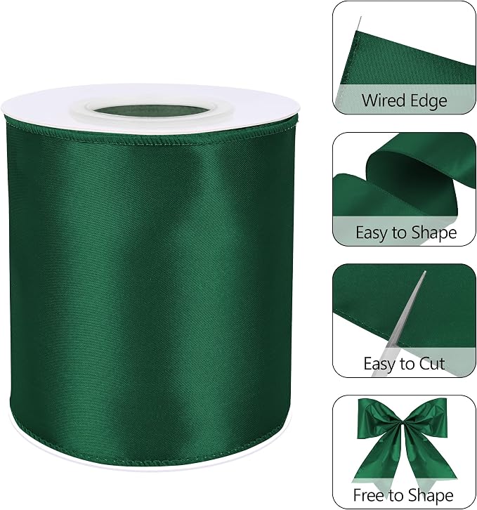 Forest Green 4 Inch 15 Yards Satin Wired Ribbon Valentine's Day Ribbons - Image 3