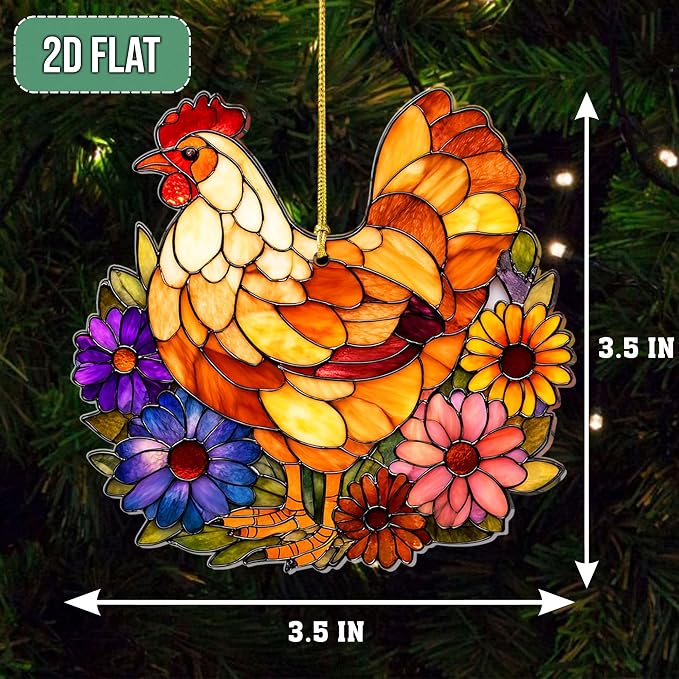 2D Flat Faux Stained Glass Chicken Acrylic Christmas Ornament, Hen Ornaments - Image 6